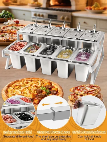Miniatura 5 de Kalolary Estación de Almacenamiento para 10 Bandejas de Pizza con 2 Filas de Recipientes Ajustables de Condimentos de Acero Inoxidable con Tapas