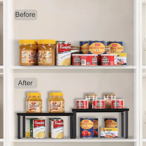 Miniatura 5 de CADUKE Juego de 4 estantes de encimera de cocina, organizador de estantes apilables, estantes de encimera de madera, estantes de gabinete Negro