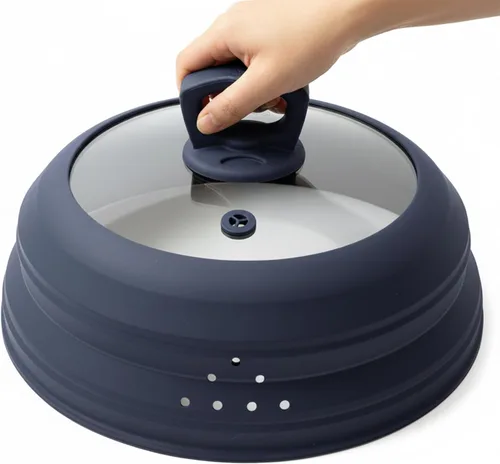 Miniatura 8 de Cubierta de vidrio para salpicaduras de microondas de 10.5 pulgadas, cubierta de microondas para alimentos con asa, cubierta plegable de silicona