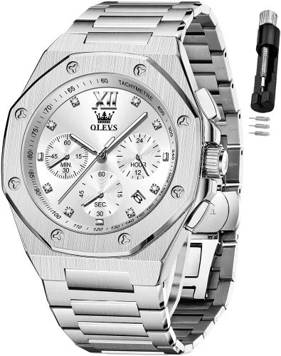 OLEVS - Relojes de acero inoxidable para hombre, reloj de negocios y vestir de gran tamaño, fácil de leer, analógico, impermeable, luminoso, casual,