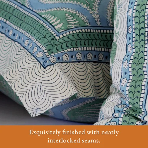 Saffron Marigold Funda de almohada azul floral helechos del bosque de algodón de calidad, comercio justo, ropa de cama bohemio, estilo de cocina de