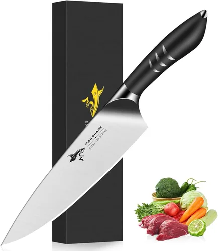 MAD SHARK Cuchillo de chef de 8 pulgadas, cuchillo de cocina de alto carbono de acero inoxidable con mango ergonómico, cuchillo de cocina con caja