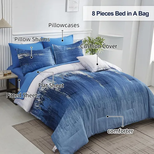 Miniatura 2 de Juego de edredón azul degradado, tamaño Queen, reversible, azul degradado, gris, bohemio, para hombres y mujeres, juego de cama de 8 piezas en una