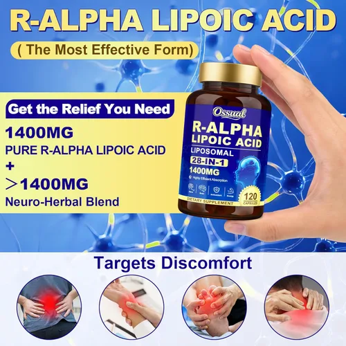 Miniatura 2 de R Ácido alfa lipoico 1400 mg suplementos de neuropatía, suplementos de ALA estabilizados 28 en 1 con L-carnitina, NAC y benfotiamina, suplemento
