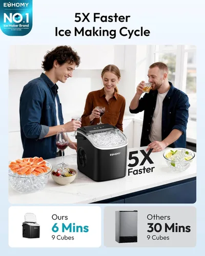Miniatura 2 de EUHOMY - Máquina para hacer hielo de encimera con asa, 26.5 libras por día, 9 cubos de hielo listos en 6 minutos, máquina de hielo portátil