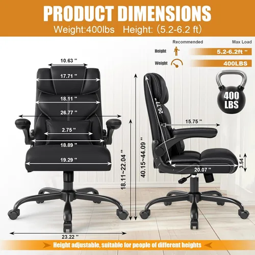 Miniatura 2 de Silla de oficina ejecutiva con reposabrazos abatibles, sillas ergonómicas de escritorio para computadora, silla de oficina de cuero con respaldo