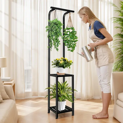 Miniatura 5 de Soporte para plantas para interiores y exteriores, soporte para plantas de 65 pulgadas de alto para exteriores, estante colgante de 3 niveles