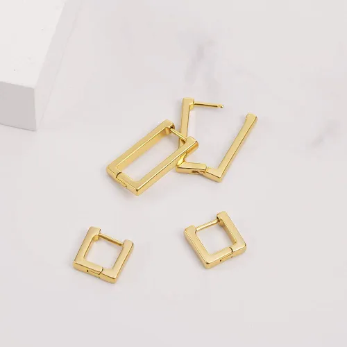Miniatura 7 de 2 pares de aretes de aro minimalistas chapados en oro de 14 quilates, pequeños y delicados aretes geométricos cuadrados y rectangulares para niñas