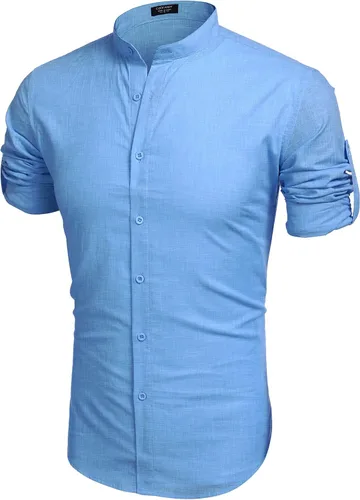 Miniatura 4 de COOFANDY Camisa casual de lino para hombre, con cuello de banda, manga larga, con botones