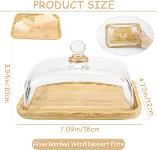 Miniatura 2 de Mantequera de cristal transparente con tapa, recipiente para mantequilla, queso crema y pastel de postre (bambú)