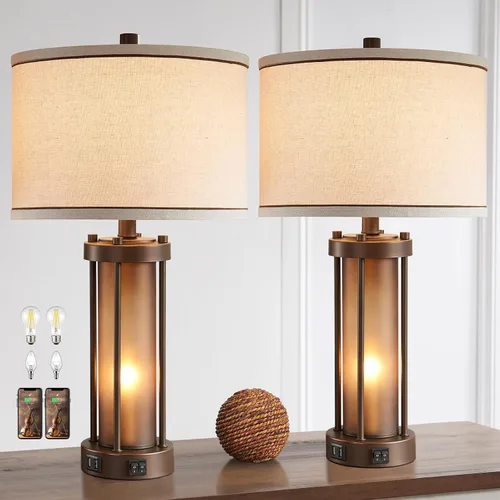 Miniatura 9 de Juego de 2 lámparas de mesa de estilo granja para sala de estar con 2 puertos de carga USB, lámparas rústicas vintage para mesita de noche con luz