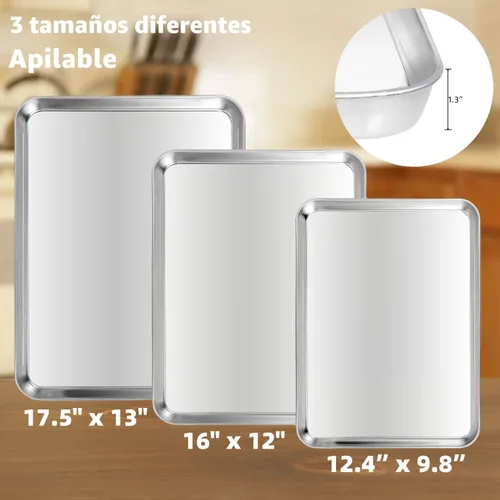 Miniatura 2 de Juego de bandejas para hornear de 3 piezas, bandejas para hornear de acero inoxidable resistentes, hojas para galletas y bandejas de cocina