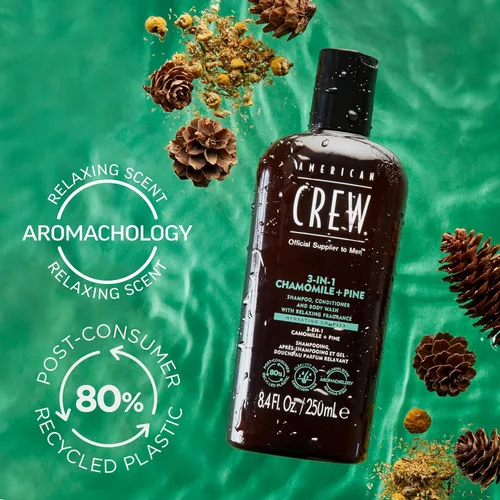 Miniatura 5 de AMERICAN CREW Manzanilla y pino 3 en 1, champú, acondicionador y gel de baño para hombres, regalo de cuidado del cabello para él, fragancia calmante