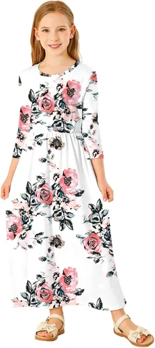 Miniatura 3 de 21KIDS Vestido largo floral de manga larga 3/4 con bolsillos para niñas de 6 a 12 años