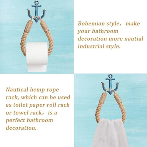 Miniatura 4 de Soporte náutico para papel higiénico rústico, industrial, montado en la pared, anillo de papel higiénico náutico con gancho de metal para decoración