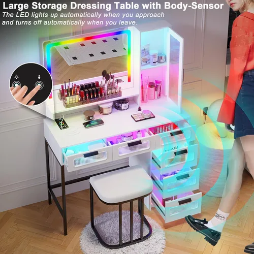 Miniatura 5 de HNEBC - Mesa de tocador RGB con espejo y luces, mesa de maquillaje con espejo LED y estación de carga USB/inalámbrica, juegos de mesa de tocador