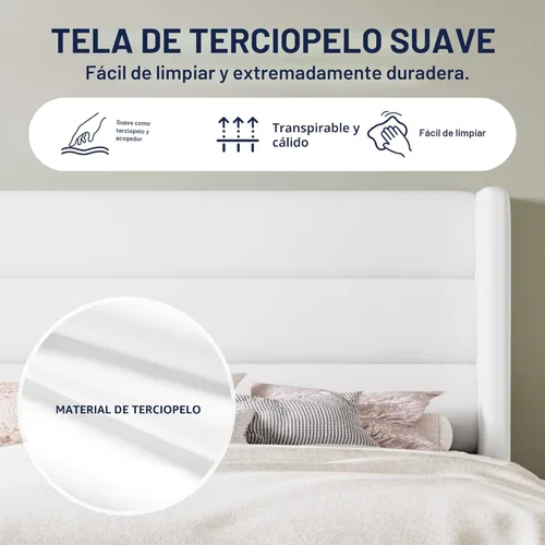 Miniatura 7 de Allewie - Base de cama tamaño Queen con cabecera acolchada tapizada en terciopelo con respaldo abatido, sin necesidad de somier, espacio de Blanco