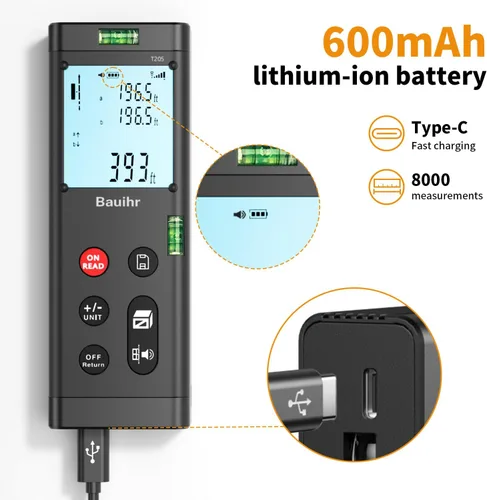 Miniatura 3 de Bilateral Laser Measurement Tool, Bauihr 393ft/120M Rechargeable Aluminum Dual Laser Distance Meter