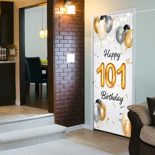 Miniatura 7 de Cartel de feliz cumpleaños número 101 – Cubierta de puerta de fiesta de cumpleaños número 101 para mujeres y hombres – Saludos a 101 años