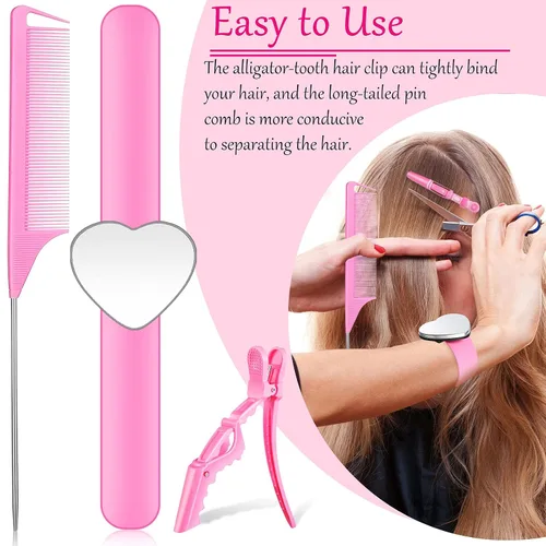 Miniatura 5 de Nuenen Juego de 7 herramientas para trenzar el cabello, incluye pulsera magnética, peines de cola de rata de acero inoxidable y pinzas de pelo
