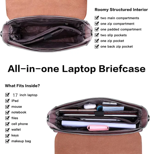 Miniatura 6 de Maletín para laptop de 15.6 pulgadas para mujer, piel ecológica saffiano morado vintage, 4 compartimentos grandes, 2 bolsillos deslizantes, 1
