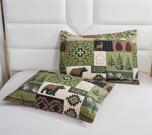 Miniatura 5 de Ycosy Juego de Edredón Rústico Lodge con Alce Ciervo Colcha Tamaño King Oso del Bosque Ciervo Edredón Verde Matcha Reversible Cubrecamas de Cabaña