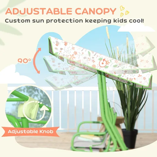 Miniatura 4 de Qaba Columpio de patio para niños, 2 plazas para porche al aire libre con toldo ajustable, cinturón de seguridad, banco colgante con patrón de zorro