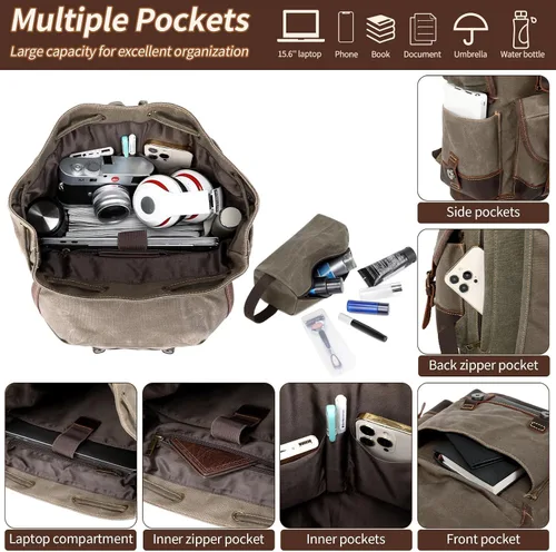 Miniatura 3 de Wogarl Mochila de lona de cuero vintage, Verde militar, Mediana, Ocio