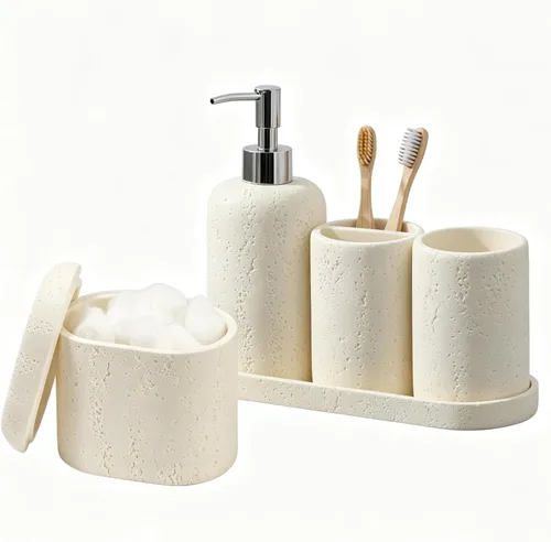 Miniatura 11 de Juego de accesorios de baño, organizador de baño para encimera, dispensador de jabón y soporte para cepillo de dientes, taza de enjuague bucal