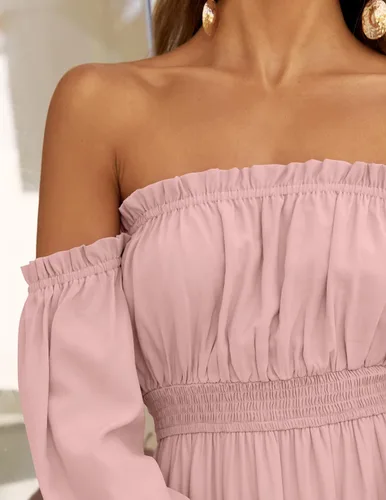 Miniatura 52 de ZESICA - Vestido largo, bohemio y sexy, con hombros descubiertos y manga larga fruncida, con elástico fruncido, cintura alta y abertura lateral