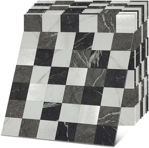 Miniatura 2 de Medley - Azulejos de PVC y aluminio de 12 x 12 pulgadas, para despegar y pegar, mármol negro y metal cepillado, paquete de 12