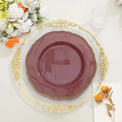 Miniatura 16 de Efavormart - Paquete de 10 platos llanos de plástico con borde festoneado negro/dorado de 9 pulgadas, platos desechables para fiestas de bodas