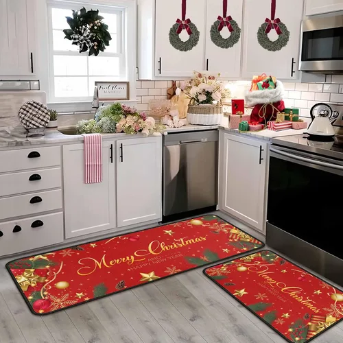 Miniatura 8 de Juego de 2 alfombras y tapetes de cocina navideños, decoraciones navideñas para el hogar con respaldo antideslizante, alfombra de cocina
