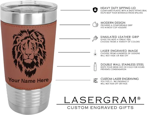 Miniatura 6 de LaserGram Vaso aislado al vacío de 20 onzas, bandera de México, grabado personalizado incluido (piel sintética, marrón oscuro)