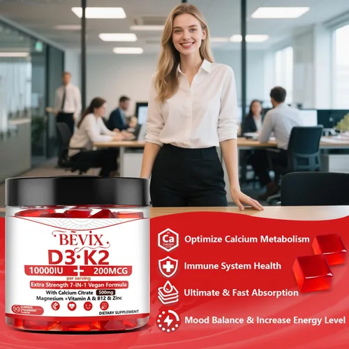 Miniatura 7 de Gomitas de vitamina D3 K2, sin azúcar, veganas, extra fuertes, con calcio y magnesio y zinc, para apoyo inmunológico, dientes óseos, salud