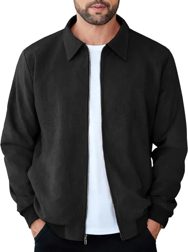 Miniatura 12 de COOFANDY Chaqueta bomber casual de ante para hombre, ligera, con cremallera completa, chaqueta de piel sintética vintage