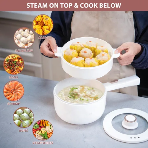 Miniatura 4 de Bear Hot Pot - Olla eléctrica con vaporizador, olla rápida de fideos de 1.6L, mini olla, sartén antiadherente para carne, ramen, huevo, avena, sopa