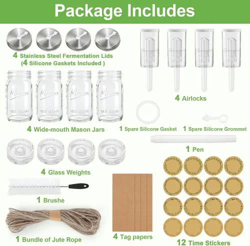 Miniatura 8 de Kit de fermentación de 4 unidades para todos los frascos Mason de boca ancha (cuatro tarros Mason de 32 oz incluidos), frascos de fermentación