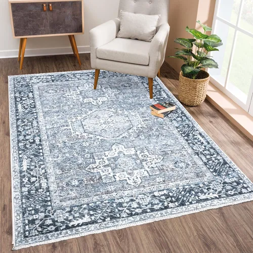 Bloom Rugs - Alfombra Caria lavable, antideslizante, de 5 x 7 pies, color azul marino tradicional, para sala de estar, dormitorio, comedor y cocina