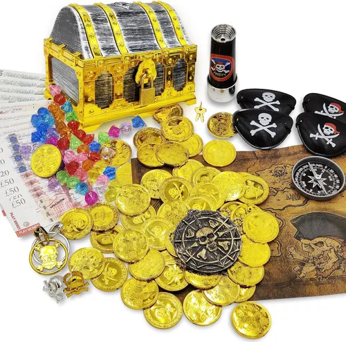 Miniatura 7 de Juego de 128 piezas de cofre del tesoro pirata con marco dorado para niños, juguetes de simulación pirata vintage, incluye monedas, joyas, dinero