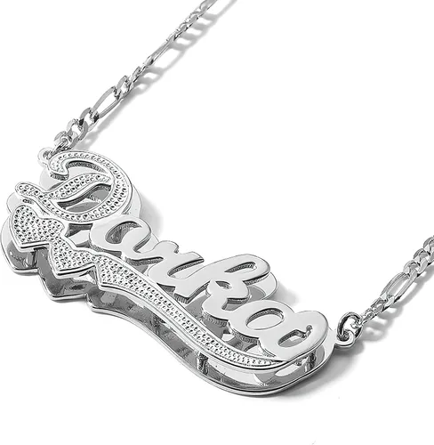 Miniatura 3 de Drawelry Collar con nombre personalizado de dos tonos con placa de oro de 18 quilates, chapado en doble corazón, placa con dije de placa de nombre