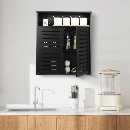 Miniatura 7 de Armario de pared de bambú, gabinete de almacenamiento de baño montado en la pared, gabinete de medicina colgante negro con puertas dobles