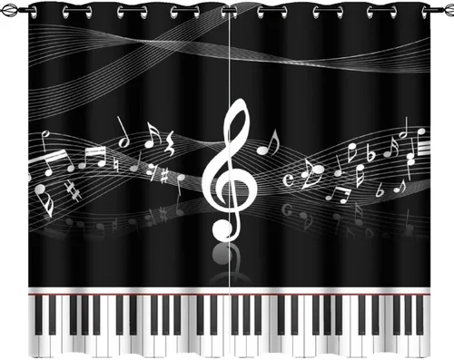 Miniatura 47 de Cortinas opacas de oscurecimiento de habitación con ojales, diseño rústico de símbolos musicales blancos y negros, tratamiento de ventana
