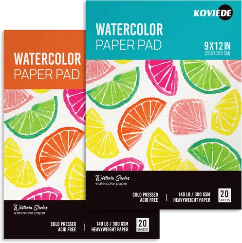 KOVIEDE Bloc de papel de acuarela de 9 x 12 pulgadas (paquete de 2, 20 hojas cada uno), papel de color de agua de 140 libras/300 GSM, cuaderno de