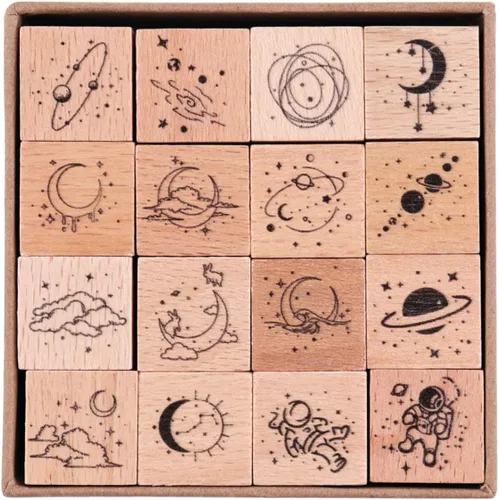 16 sellos de goma de madera vintage, juego de sellos de goma decorativos de universo y galaxia, sellos de goma montados en madera para manualidades,