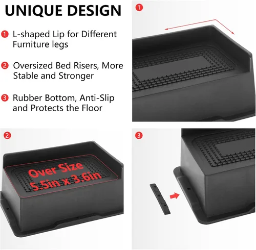 Miniatura 7 de Paquete de 4 elevadores de cama de 2 pulgadas, elevadores de muebles de gran tamaño resistentes, elevadores de cama extra anchos para mesa, sofá