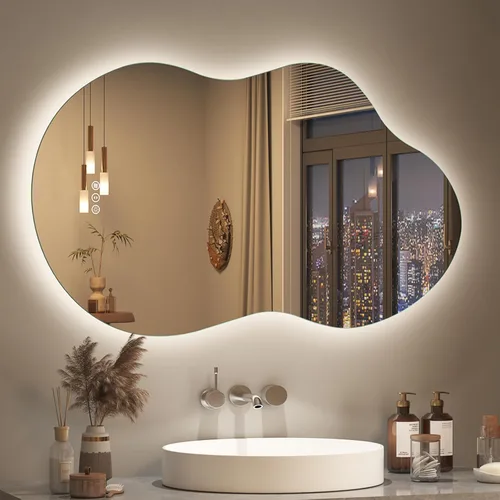 Miniatura 16 de SMIROR Espejo de Baño Retroiluminado Irregular con Luces 20 x 32, Espejo de Tocador con Luz LED Asimétrica en Forma de Nube para Pared
