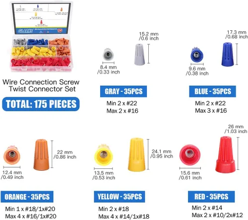 Miniatura 4 de Glarks Pelacables multifunción de 8 pulgadas, 10-22 AWG y 175 tuercas giratorias, conectores de cable eléctrico, terminales de tornillo con 5 piezas