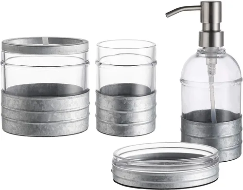 Miniatura 8 de Juego de 4 accesorios de baño de vidrio azul pesado con patrón decorativo prensado, incluye dispensador de jabón de mano, vaso, jabonera y soporte