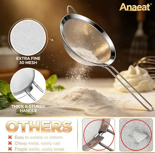 Miniatura 5 de Anaeat Coladores de malla fina – Colador de acero inoxidable de alta calidad, con malla duradera y mango resistente, excelente para tamizar